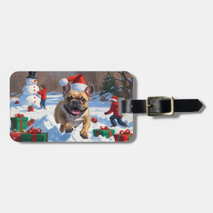 Etiqueta De Bagagem Bulldog Francês Correndo na Neve com Chapéu de Nat