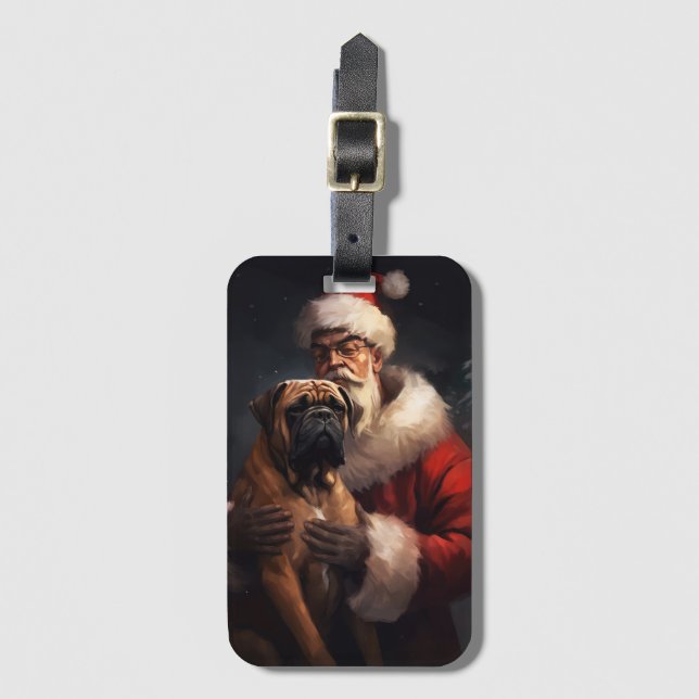 Etiqueta De Bagagem Bullmastiff Com Papai Noel Natal Festivo (Frente Vertical)