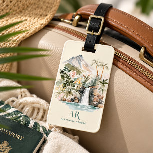 Etiqueta De Bagagem Cachoeira Tropical Aquarela   Monograma