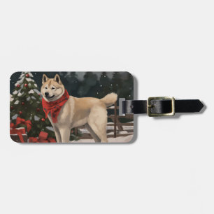 Etiqueta De Bagagem Cachorro Akita na Neve Natal