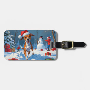 Etiqueta De Bagagem Cachorro Basenji Brincando na Cena de Inverno com