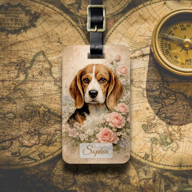 Etiqueta De Bagagem Cachorro Beagle com Rosas (Criador carregado)