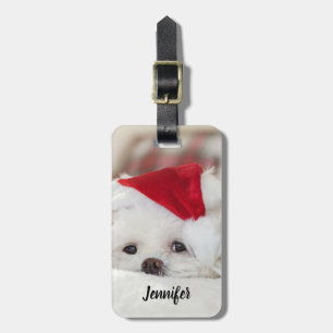 Etiqueta De Bagagem Cachorro Branco giro em chapéu vermelho de Natal
