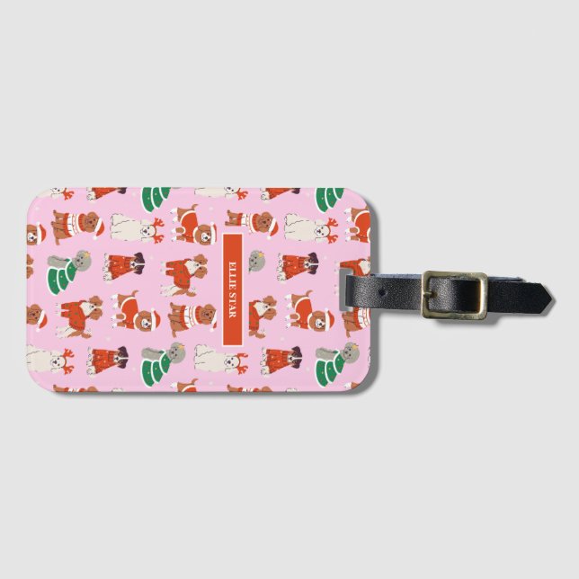 Etiqueta De Bagagem Cachorro de Natal Rosa Personalizado (Frente Horizontal)