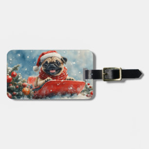 Etiqueta De Bagagem Cachorro Pug em Trenó Deixe Nevar Natal