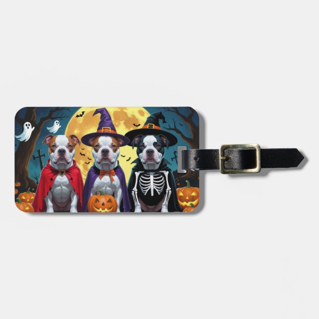 Etiqueta De Bagagem Cachorros Pitbull Pumpkin Halloween Engraçado (Frente Horizontal)