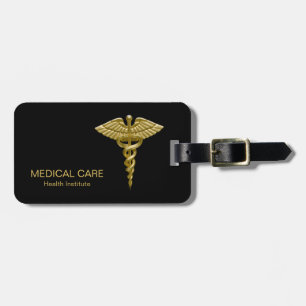 Etiqueta De Bagagem Caduceus Dourado médico elegante no Tag preto da