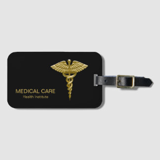 Etiqueta De Bagagem Caduceus Dourado médico elegante no Tag preto da