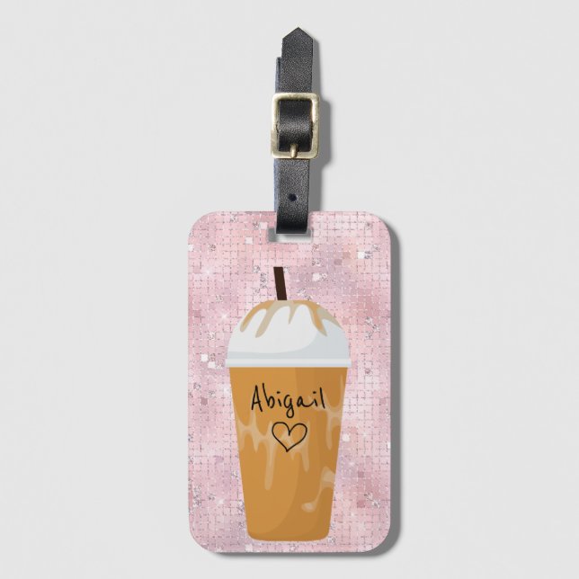 Etiqueta De Bagagem Café Físico Personalizado, Cintilado, Rosa (Frente Vertical)