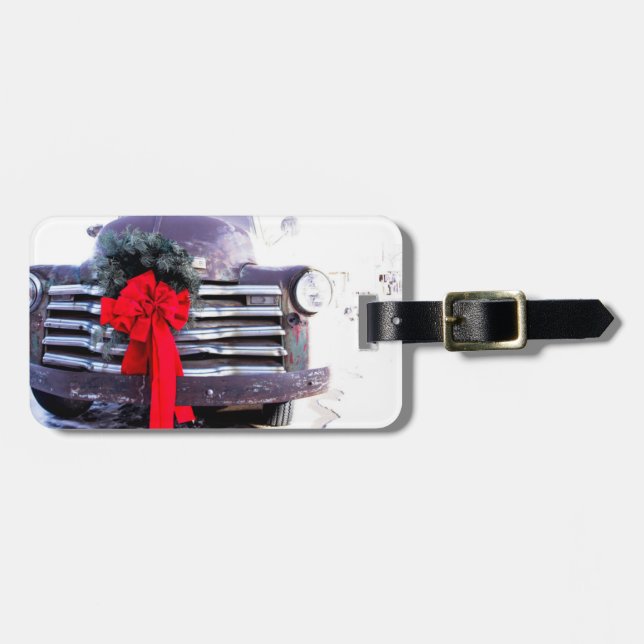 Etiqueta De Bagagem Caminhão Antigo com Grinalda de Natal Festiva (Frente Horizontal)