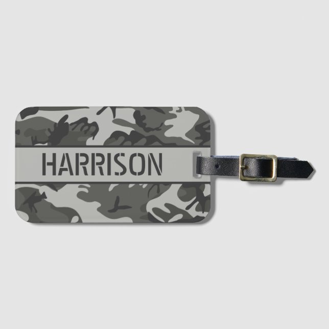 Etiqueta De Bagagem Camo Cinza Personalizado (Frente Horizontal)