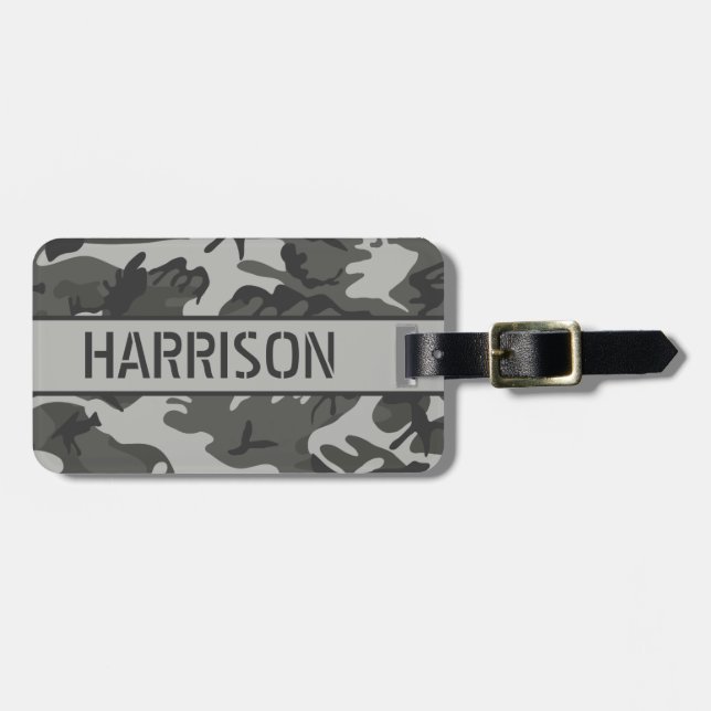 Etiqueta De Bagagem Camo Cinza Personalizado (Frente Horizontal)