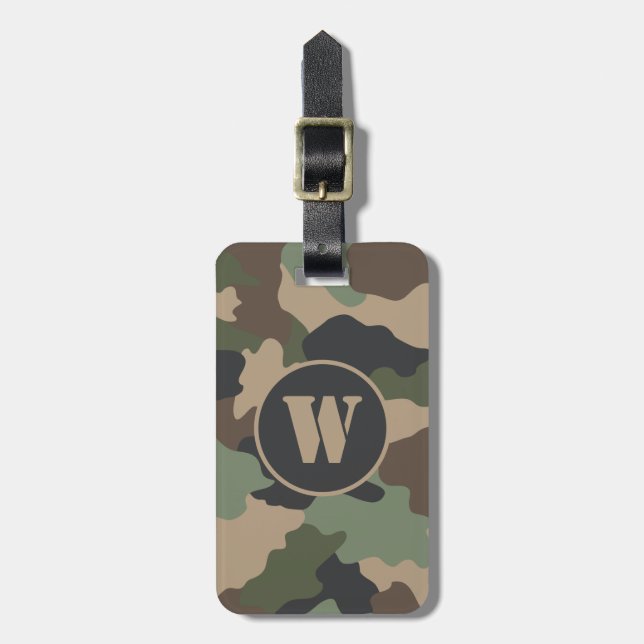 Etiqueta De Bagagem Camuflagem Woodland Camo Khaki Tan Monograma Preto (Frente Vertical)