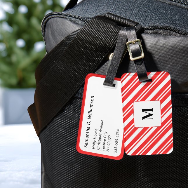 Etiqueta De Bagagem Candy Stripe Red and White Monogrammed Christmas (A festive monogrammed Christmas luggage tag with red and white candy stripe design)