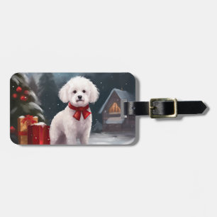 Etiqueta De Bagagem Cão Bichon Frise na neve Natal 