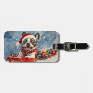 Etiqueta De Bagagem Cão Boston Terrier no Trenó Deixe Nevar Natal