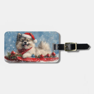 Etiqueta De Bagagem Cão Keeshond em Trenó Deixe Nevar Natal