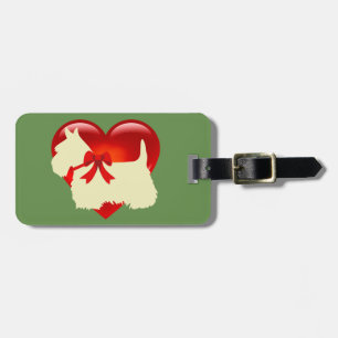 Etiqueta De Bagagem Cão Terrier Escocês, coração vermelho, laço, verde