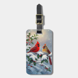 Etiqueta De Bagagem Cardeais vermelhos e Holly na neve