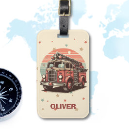 Etiqueta De Bagagem Caro Caminhão de Fogo da Retro-Vintage no Sunset