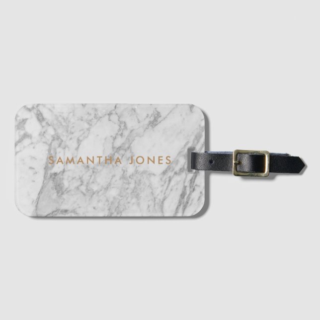 Etiqueta De Bagagem Carrara Branca Marble Clássico Dourado Personaliza (Frente Horizontal)