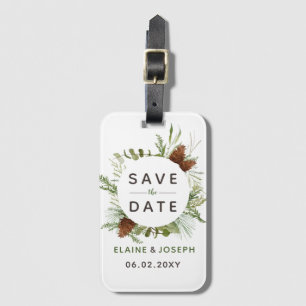 Etiqueta De Bagagem Casamento de Conífer Rustic Pine cone Salve a Data