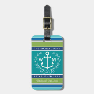 Etiqueta De Bagagem Casamento Monograma Anchor Laurel Wreath Aqua Stri