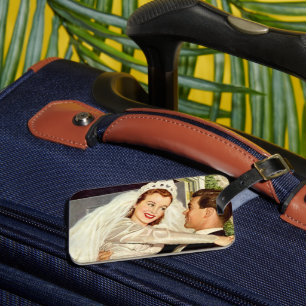 Etiqueta De Bagagem Casamento vintage recém-casados, noiva feliz e noi