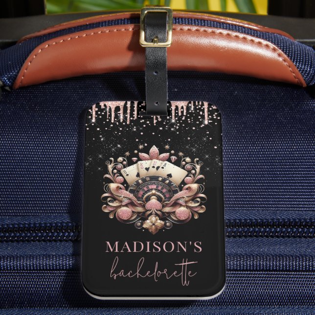 Etiqueta De Bagagem Casino Bachelorette Luxury Preto Rosa Dourado (Frente Insitu 2)