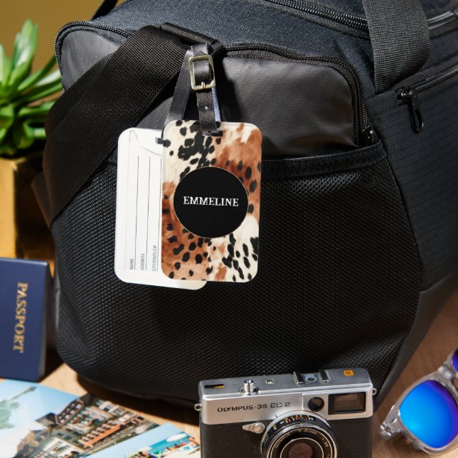 Etiqueta De Bagagem Castanho-Creme-Animal Cowhide (Frente e Verso)