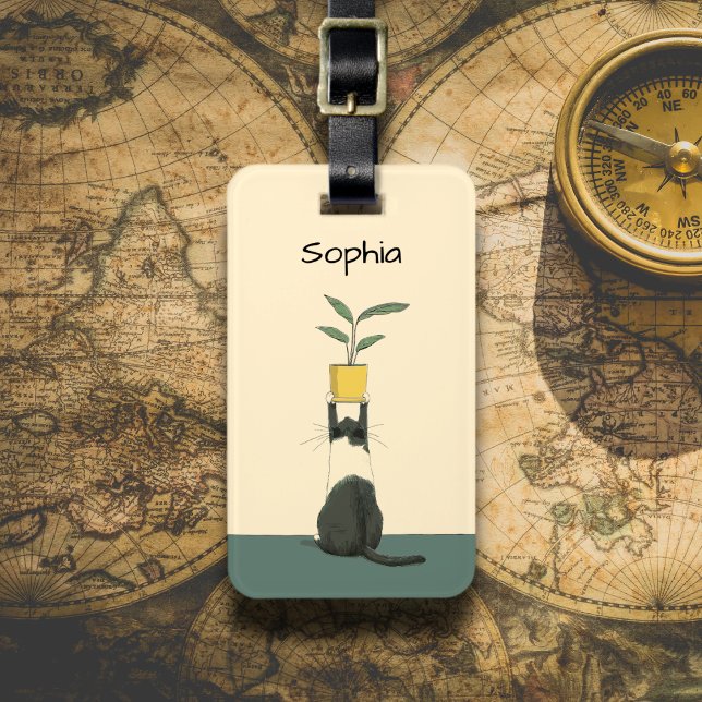 Etiqueta De Bagagem Cat with Plant (Criador carregado)