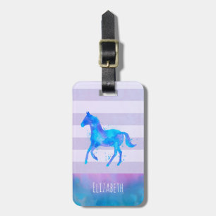 Etiqueta De Bagagem Cavalo selvagem na aguarela azul e roxa