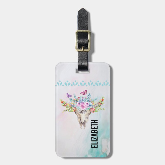 Etiqueta De Bagagem Caveira Animal Boho com Borboletas e Flores (Frente Vertical)
