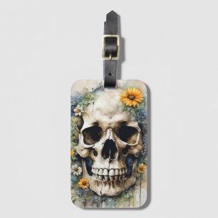 Etiqueta De Bagagem Caveira de Aquarela com Flores Selvagens