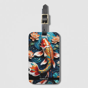 Etiqueta De Bagagem Cena Aquática de Vibrant Koi e Belas Flores