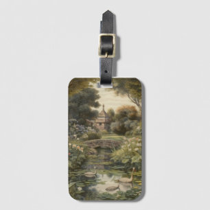 Etiqueta De Bagagem Cena botânica dos cisnes num jardim inglês