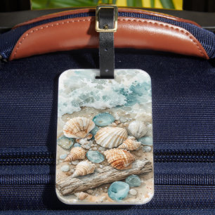 Etiqueta De Bagagem Cena de Conchas Marinhas Costeiras em Aquarela com