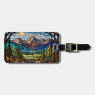 Etiqueta De Bagagem Cena de montanha florestal em vitral vintage