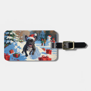 Etiqueta De Bagagem Cena de neve festiva de Natal com Bulldog Francês