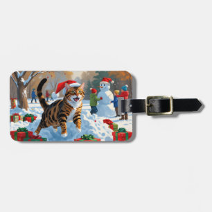 Etiqueta De Bagagem Cena de neve festiva de Natal com gato Bengal