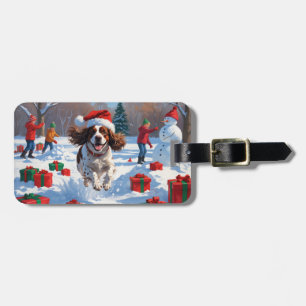 Etiqueta De Bagagem Cena de neve festiva de Natal do Brittany Spaniel