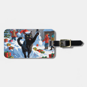 Etiqueta De Bagagem Cena de Neve Festiva do Gato Preto de Natal