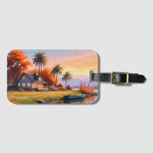 Etiqueta De Bagagem Cenário natural com lago e árvores