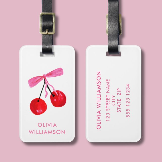 Etiqueta de Bagagem Cereja e Laço Rosa Coquette (Coquette Cherry & pink bow pattern luggage tag)