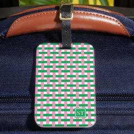 Etiqueta De Bagagem Cesta Tecido - Monograma Rosa e Verde Preppy