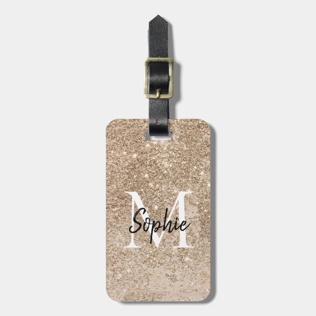 Etiqueta De Bagagem Champagne Glitter Monogramas Sparkly (Frente Vertical)