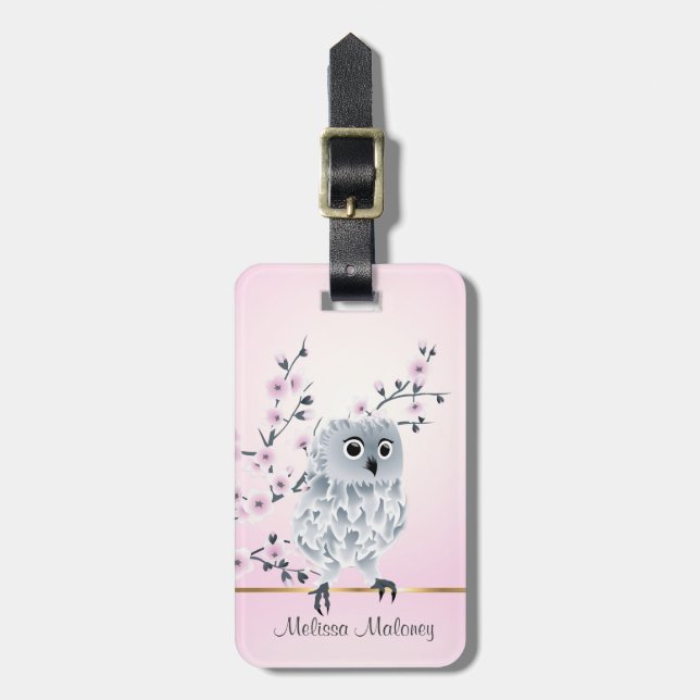 Etiqueta De Bagagem Cherry Blossoms Cute Owl (Frente Vertical)