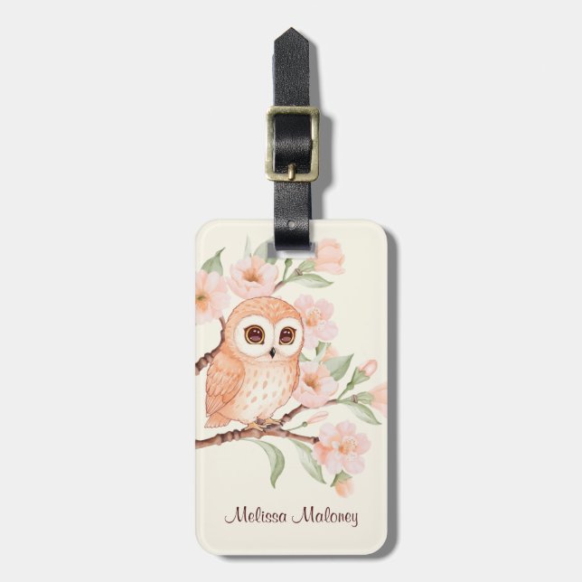Etiqueta De Bagagem Cherry Blossoms Cute Owl (Frente Vertical)