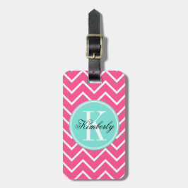Etiqueta De Bagagem Chevron cor-de-rosa com monograma de turquesa