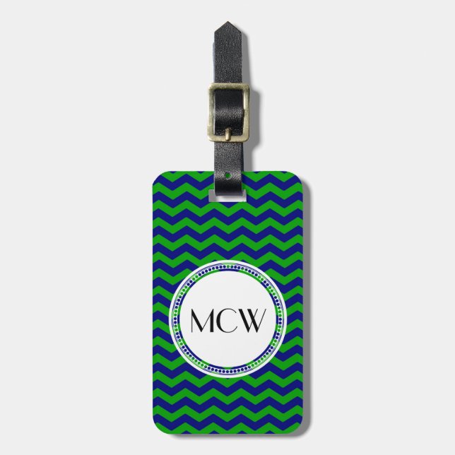Etiqueta De Bagagem Chevron Monograma Azul e Verde Personalizado (Frente Vertical)